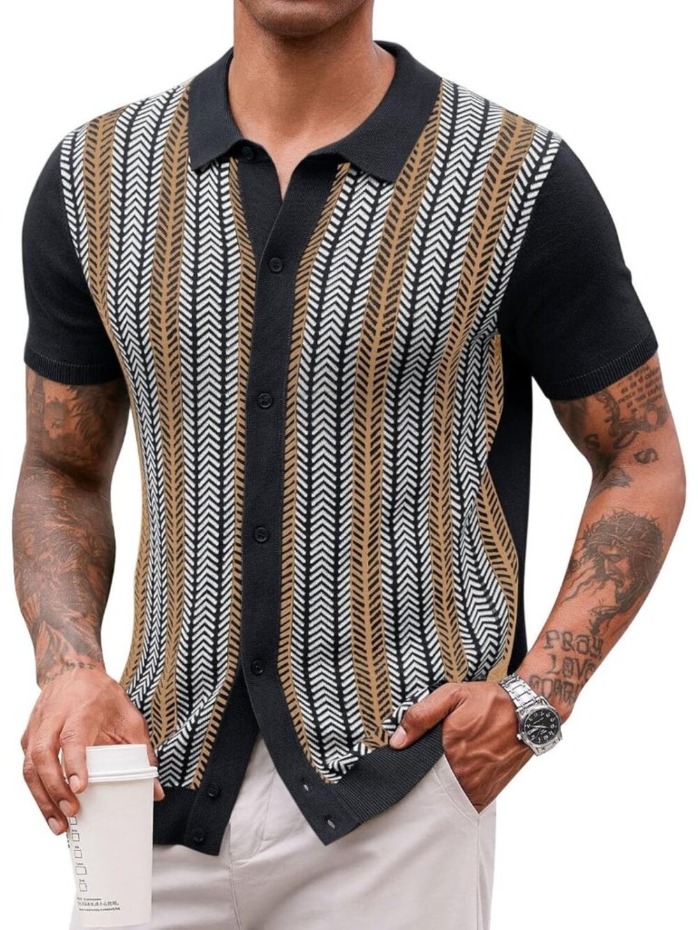 Men's Black Vintage Knit Polo Short Sleeve Casual Golf Old Money Shirt